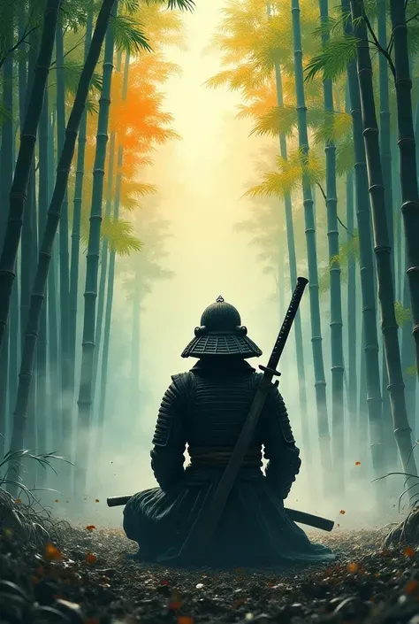 samurais, kneeling down, bamboo forrest, foggy background, Traditional armor, katana, A meditative, Natural light, Japanese aesthetics, digital ink painting, Sun passing through trees, Tranquil Mood, super detailed, Brushwork texture, 4k, masterpiece