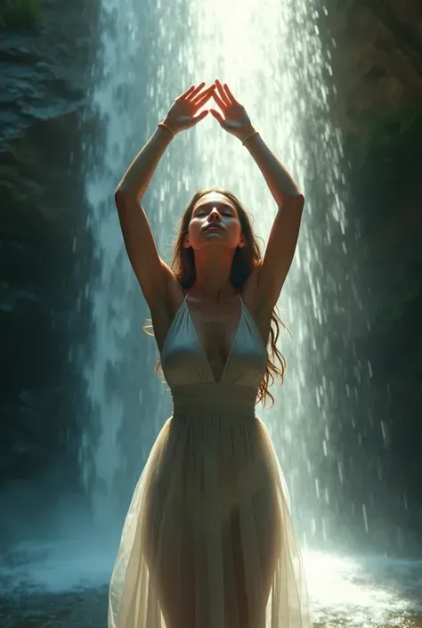A woman standing under a waterfall, Close your eyes, arms raised above the head. sunlight refracts through falling water，A wet dress clinging to her curves. drawn in a soft semi-realistic style, with strong water effects, Translucent fabric, Ambient halo. ...