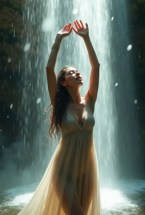 A woman standing under a waterfall, Close your eyes, arms raised above the head. sunlight refracts through falling water，A wet dress clinging to her curves. drawn in a soft semi-realistic style, with strong water effects, Translucent fabric, Ambient halo. ...