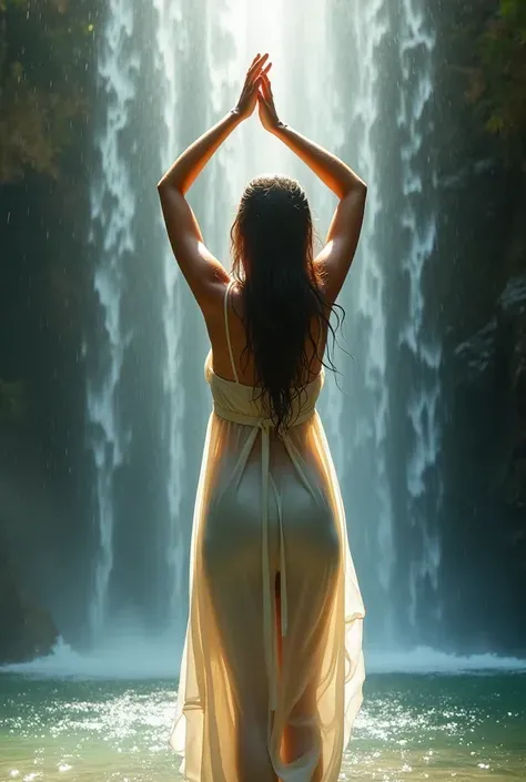 A woman standing under a waterfall, Close your eyes, arms raised above the head. sunlight refracts through falling water，A wet dress clinging to her curves. drawn in a soft semi-realistic style, with strong water effects, Translucent fabric, Ambient halo. ...