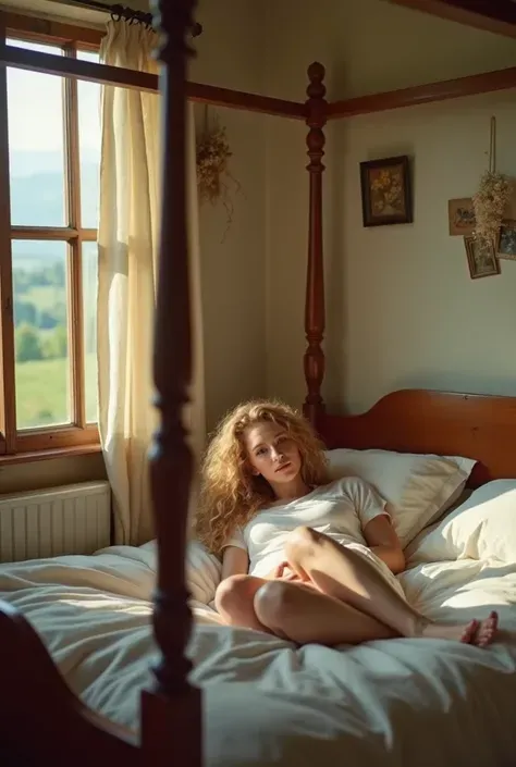 woman lying on a four-poster bed in a retro style wooden four-poster bed，The fluffy curls scattered like waves，Reflecting her fair skin。She is wearing a loose white T-shirt，Her legs are crossed。The surrounding environment is a country style bedroom，The wal...