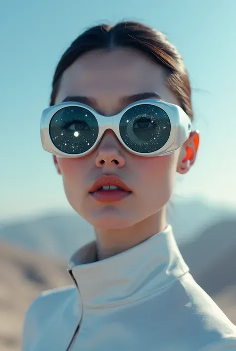The model is wearing glass sunglasses，with stars and moon on the lenses