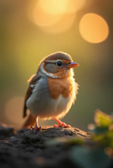 A charming close-up photo，shows a beautiful bird，illuminated by soft golden light on a quiet morning，with a bokeh ball gently framing its petite body