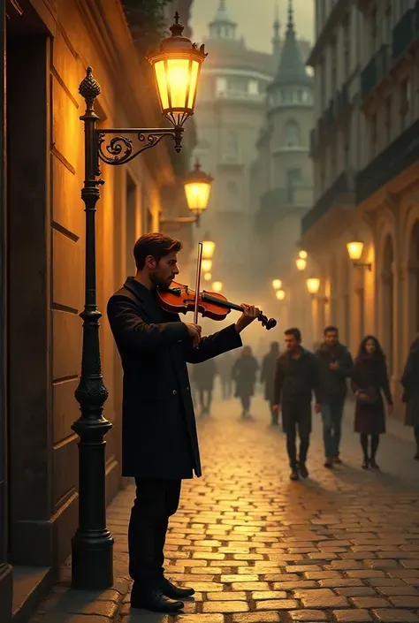 A violinist performs alone on a cobbled street under the golden glow of a streetlamp. His eyes are closed, lost in the music. Pedestrians walk by silently, some leaving coins in his case. Painted in romantic realism, rich in ambient detail and emotional su...
