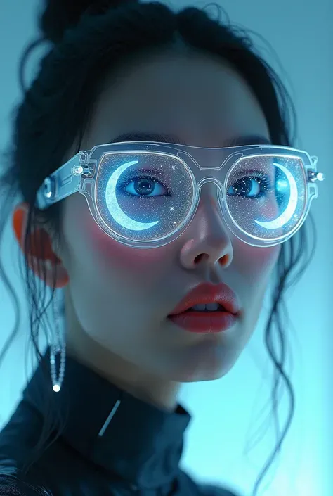 The model is wearing glass sunglasses，with stars and moon on the lenses
