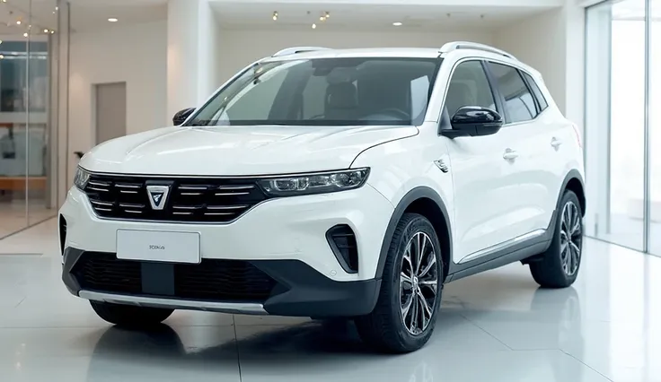 2026 Dacia Solenza, white color, parked inside a clean modern indoor showroom, angle slightly front and slightly side (2/3 view), realistic raw camera look, natural daylight, subtle reflections on car body, sharp details, slight lens imperfections for auth...