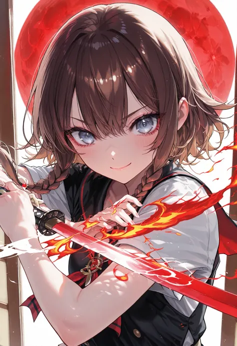 Graceful bamboo forest, Female Swordsman,  Crescent Night , Short sword, Red and Black Outfit, Ninja, high resolution, Realistic, studio lighting with a serious face, Ultra Fine Depiction, PROFESSIONAL, Brilliant Colors彩, Bokeh味，meteor、空から降り注ぐmeteor、無数のmet...