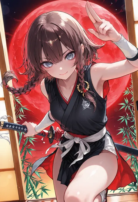 Graceful bamboo forest, Female Swordsman,  Crescent Night , Short sword, Red and Black Outfit, Ninja, high resolution, Realistic, studio lighting with a serious face, Ultra Fine Depiction, PROFESSIONAL, Brilliant Colors彩, Bokeh味，meteor、空から降り注ぐmeteor、無数のmet...