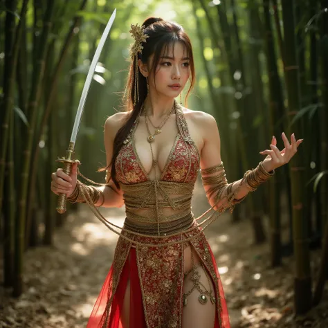 A beautiful Japanese top idol woman , lasso at her feet, slender figure, (f-cup chest:1.5), greatest masterpiece, female ninja, (She's wearing a charming decorated ninja costume:1.10), Mesh Stockings, garter belts, Decor color , beautiful brown long hair, ...