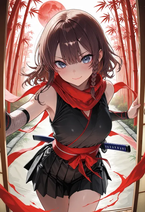 ((night))，bamboo forest, Female Swordsman, 三日月のnight, Short sword, Red and Black Outfit, Ninja, high resolution, Realistic, studio lighting with a serious face, Ultra Fine Depiction, PROFESSIONAL, Brilliant Colors彩, Bokeh味，meteor、空から降り注ぐmeteor、無数のmeteor群、b...