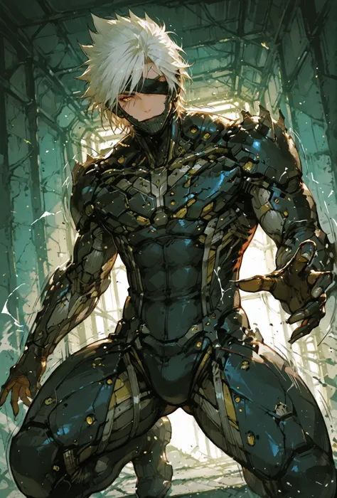 ,RaidenMGRDef, male focus, muscular male, white hair, spiked hair, short hair, cyborg, mechanical chin, bodysuit, eyepatch, one eye covered,extremely detailed,dynamic lighting,best quality,,,best quality,high quality,, , dynamic angle, , thick thighs, moti...