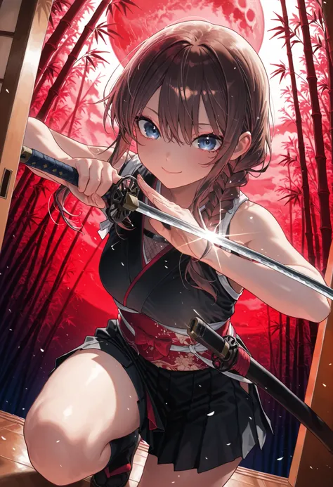 ((night))，bamboo forest, Female Swordsman, 三日月のnight, Short sword, Red and Black Outfit, Ninja, high resolution, The enchanting gray-blue eyes shine like stars，holding a sword，Realistic, studio lighting with a serious face, Ultra Fine Depiction, PROFESSION...