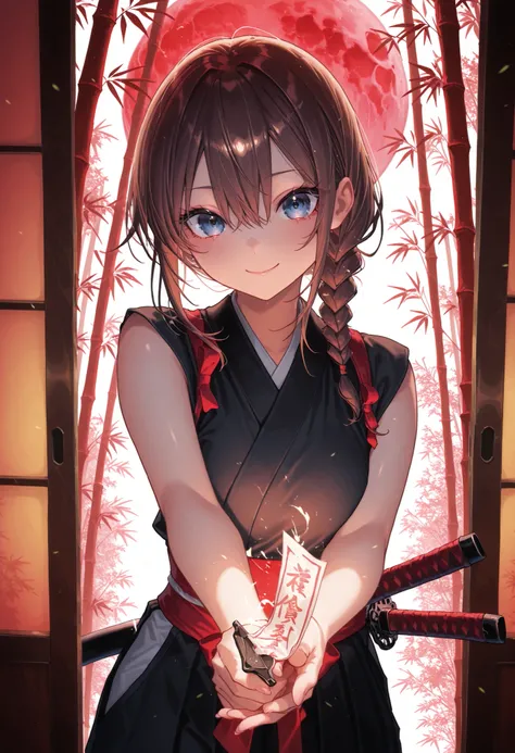 ((night))，bamboo forest, Female Swordsman, 三日月のnight, Short sword, Red and Black Outfit, Ninja, high resolution, The enchanting gray-blue eyes shine like stars，holding a sword，Realistic, studio lighting with a serious face, Ultra Fine Depiction, PROFESSION...