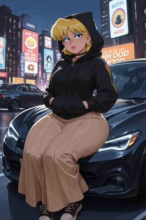 Lori Loud . medium breasts , huge hips , blonde hair , black eyes , blue eyeshadow , pink lips, pearl earrings , white earrings . choker . | glowline_figures, aesthetic, bara, black with rainbow stripe jacket, hands in pockets, dynamic pose, shoe, (sit on ...