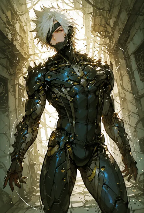 ,RaidenMGRDef, male focus, muscular male, white hair, spiked hair, short hair, cyborg, mechanical chin, bodysuit, eyepatch, one eye covered,extremely detailed,dynamic lighting,best quality,,,best quality,high quality,, , dynamic angle, , thick thighs, moti...