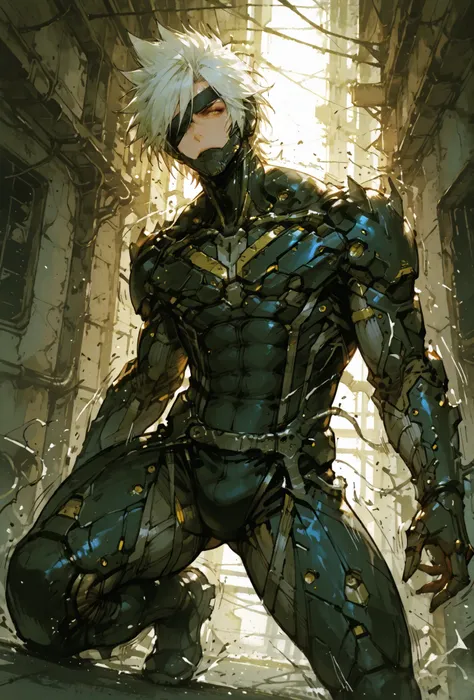 ,RaidenMGRDef, male focus, muscular male, white hair, spiked hair, short hair, cyborg, mechanical chin, bodysuit, eyepatch, one eye covered,extremely detailed,dynamic lighting,best quality,,,best quality,high quality,, , dynamic angle, , thick thighs, moti...