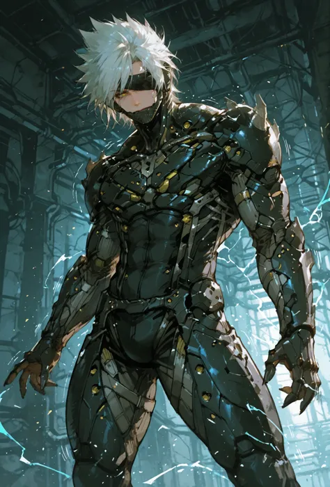 ,RaidenMGRDef, male focus, muscular male, white hair, spiked hair, short hair, cyborg, mechanical chin, bodysuit, eyepatch, one eye covered,extremely detailed,dynamic lighting,best quality,,,best quality,high quality,, , dynamic angle, , thick thighs, moti...
