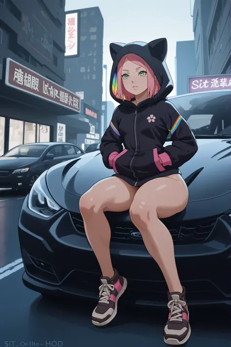 Sakura Haruno. small breasts, huge hips, pink hair, medium hair, light green eyes, thin lips, very fair skin, big forehead. | glowline_figures, aesthetic, bara, black with rainbow stripe jacket, hands in pockets, dynamic pose, shoe, (sit on the car hood:1...