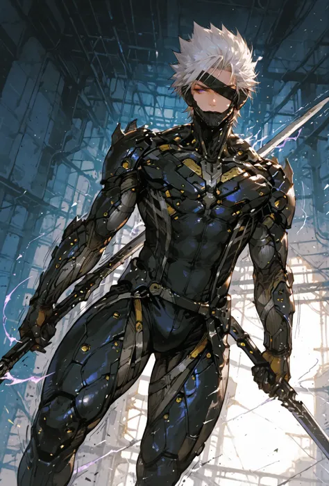 ,Raiden,MGR, holding a metal sword, Def, male focus, muscular male, white hair, spiked hair, short hair, cyborg, mechanical chin, bodysuit, eyepatch, one eye covered,extremely detailed,dynamic lighting,best quality,,,best quality,high quality,, , dynamic a...