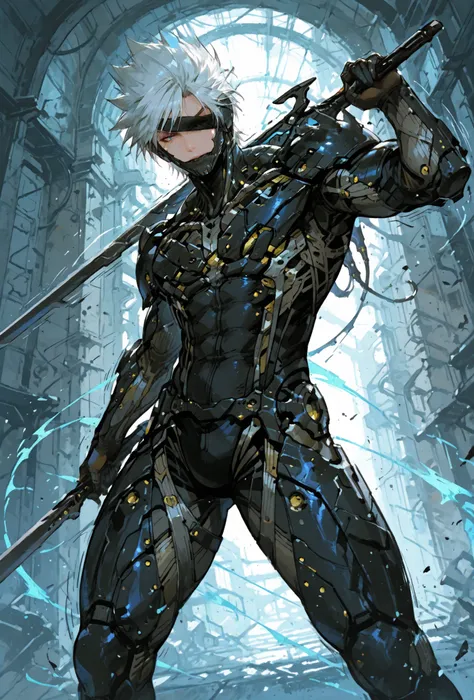 ,Raiden,MGR, holding a metal sword, Def, male focus, muscular male, white hair, spiked hair, short hair, cyborg, mechanical chin, bodysuit, eyepatch, one eye covered,extremely detailed,dynamic lighting,best quality,,,best quality,high quality,, , dynamic a...