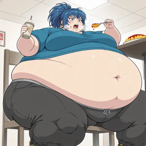 Leona heidern, blue hair, ponytail, blue eyes,,  blue training shirt,,,   dark black training pants with Elastic Waistband ,,, source_anime,  1girl, solo,,  force-feeding, feeding, forced, full mouth, food, eating, tears, indoor, restaurant, in front of to...