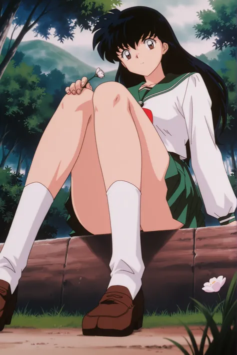 masterpiece,best quality,amazing quality, higurashikagome, masterpiece, best quality, amazing quality,, kagome higurashi, long hair, black hair, retro artstyle, brown eyes, anime screencap, skirt, shirt, long sleeves, school uniform, white shirt, pleated s...