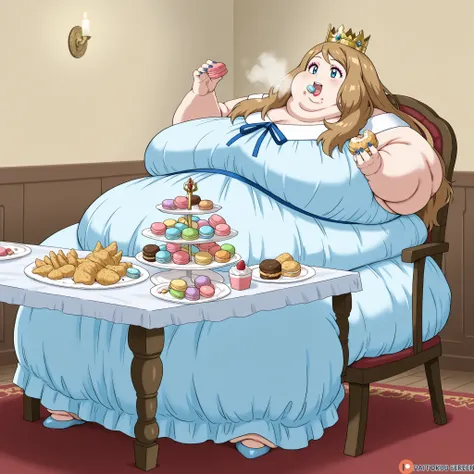 source_anime, pokemonserena, serena, long hair, blue eyes, brown hair, smile, royalty, dress, crown, makeup, lipstick, painted nails, fat, chubby, obese, fat neck, multiple chins, big breasts open mouth, out of breath, Larger female, full body shot, sittin...