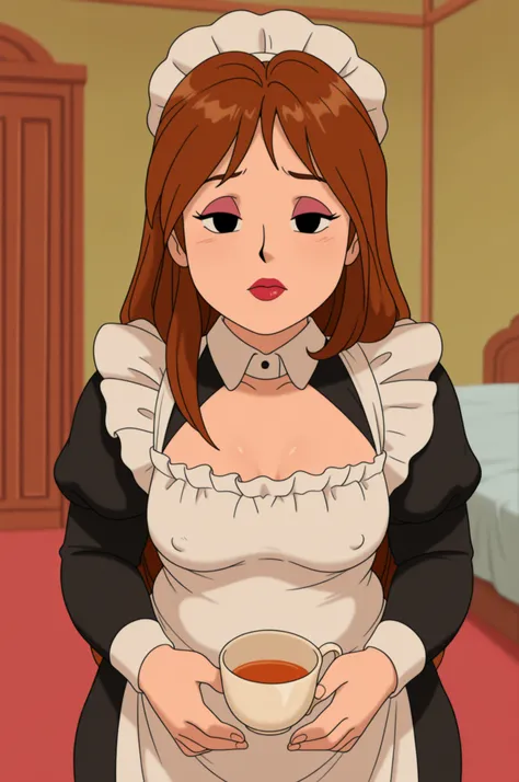 Debra, small breasts. Pale red lipstick, brown hair,black eyes, pale red makeup, long hair, thick hips, chubby, overweight, mature woman. |  masterpiece, best quality, face focus, looking at viewer, bedroom, (maid:1.2), solo, presenting a cup of tea, retro...