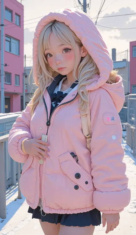 It probably makes you feel warm against the chilly temperatures, carry, The overall image is a cool climate. The background features modern architecture, The bright pink exterior contrasts with the exterior. The inside of the hood seems to be lined with da...