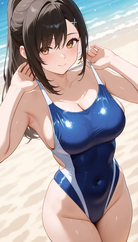 woman wearing competitive swimsuit、groin、beach、areo la、Woman pulling swimsuit 、Beautiful girl