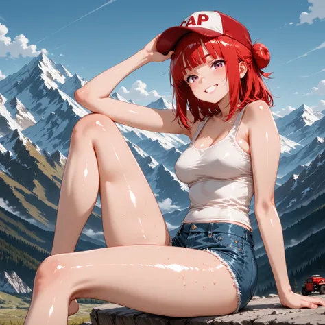 a cute girl, with mini short jeans, tank top white, looking the mountain, many mountain, shiny skin, a cap, she´s red head,  sexy legs,medium breast,  bun, medium hair, bangs, grin, 