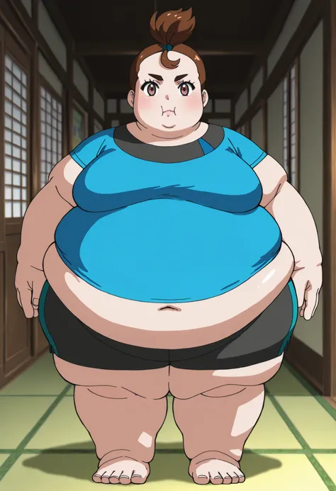 anime screenshot, anime screencap, 1girl, verity, upper body, looking at viewer, red eyes, very short hair, top knot, short sleeves, brown eyes, blue shirt, very fat, big belly, chubby body, obese, closed mouth, full body shot, large head, oversized limbs,...