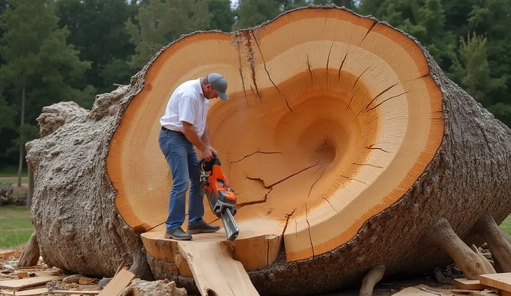 The giant log in the picture has a rough shape, its surface is full of natural grain and deep cracks, showing its age and solid structure. From the main trunk grow two massive trunks along with concave tumors on the trunk. The wood is silver gray with alte...