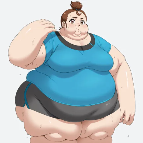 1girl, verity, upper body, looking at viewer, red eyes, very short hair, top knot, short sleeves, brown eyes, blue shirt, blank_stare, empty_stare,  fat, chubby, obese, gigantic arms and legs, large breasts, sweating, wet body, swollen face, Fat_neck , Fat...