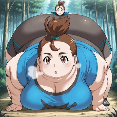 1girl, verity, upper body, looking at viewer, red eyes, very short hair, top knot, short sleeves, brown eyes, blue shirt, fat, chubby, obese, fat neck, multiple chins, big breasts open mouth, out of breath, Larger female, full body shot, bending over, bend...