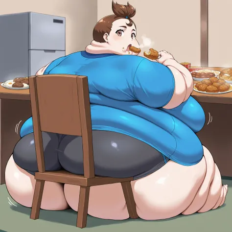 1girl, verity, upper body, looking at viewer, red eyes, very short hair, top knot, short sleeves, brown eyes, blue shirt, fat, chubby, obese, fat neck, multiple chins, big breasts open mouth, out of breath, Larger female, full body shot, sitting on chair, ...