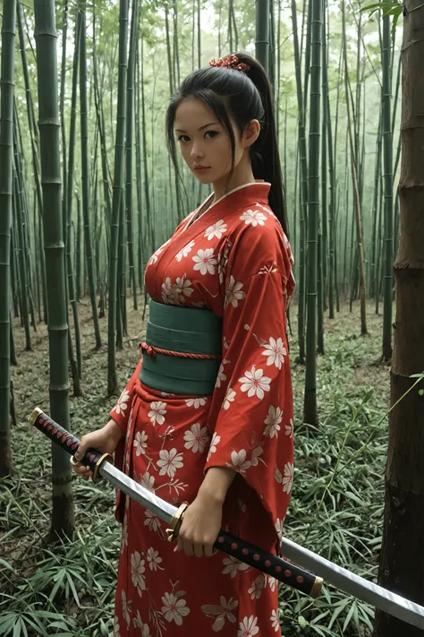 ,katana,holding katana,looking at viwer,A beautiful woman, detailed face, dark hair, red kimono with samurai armor, katana in hand, fur standing in a bamboo forest, Tall green trees , filtered light , challenging look, way series, anime, ultra detailed, 8K...
