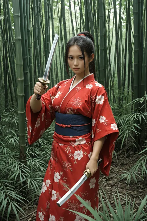 ,katana,holding katana,looking at viwer,A beautiful woman, detailed face, dark hair, red kimono with samurai armor, katana in hand, fur standing in a bamboo forest, Tall green trees , filtered light , challenging look, way series, anime, ultra detailed, 8K...