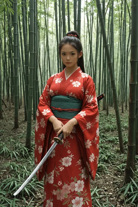 ,katana,holding katana,looking at viwer,A beautiful woman, detailed face, dark hair, red kimono with samurai armor, katana in hand, fur standing in a bamboo forest, Tall green trees , filtered light , challenging look, way series, anime, ultra detailed, 8K...