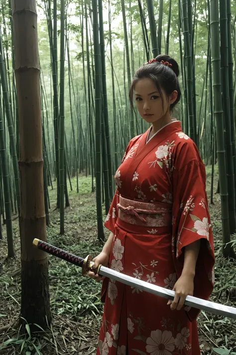 ,katana,holding katana,looking at viwer,A beautiful woman, detailed face, dark hair, red kimono with samurai armor, katana in hand, fur standing in a bamboo forest, Tall green trees , filtered light , challenging look, way series, anime, ultra detailed, 8K...