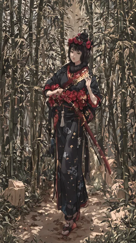 (masterpiece:1.2), (best quality:1.2), 8K, ultra-detailed, high detail, sharp focus,
(style of Katsushika Hokusai:1.2), (Ukiyo-e:1.2), (Japanese woodblock print:1.1), 
(flat color planes:1.1), (bold outlines:1.1), (2D illustration:1.2),
(1 female, lone swo...