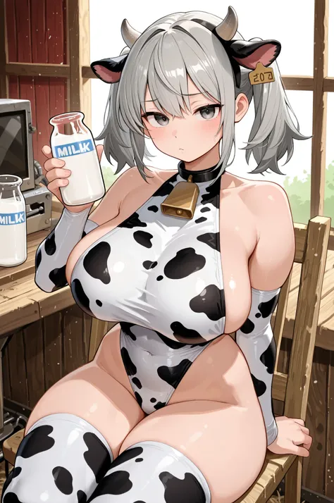 Beautiful breasts、 cow print clothes,  Ranch、gray hair、twin tails、Strong attitude、machine、sit on a chair、Holding a milk bottle、Zitoida、No expression、barn、backshot