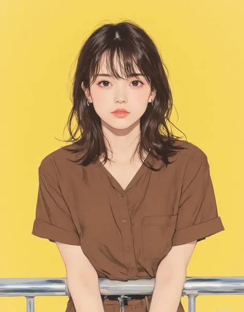 vivid, Very Detailed, Award-Winning Illustrations, PROFESSIONAL. Shyly Looking Away, embarrassing expression、portrait、face focus from 45°、((Honey Yellow Background:1.6))、(((Anatomically correct body))),、face focus from 45°、sketch style、brown hair、brown eye...
