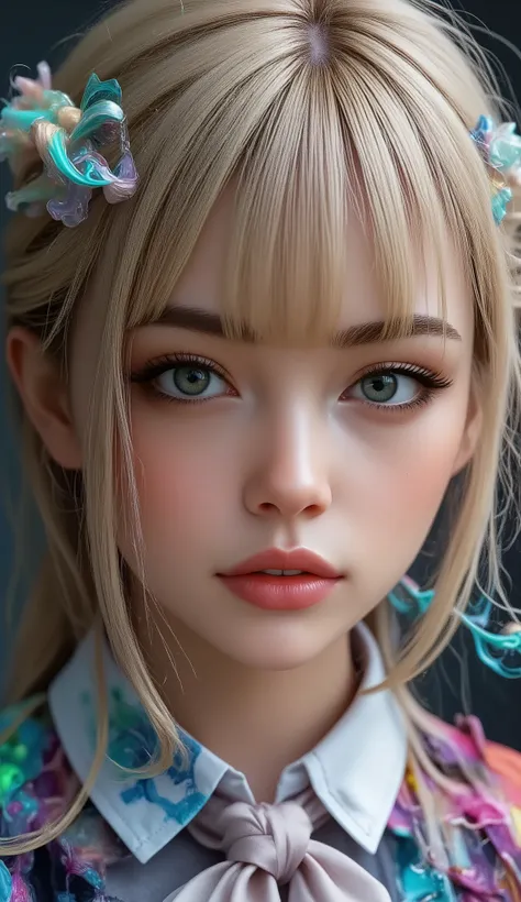 Super ultra mega hyperdetailed ultra hyperrealistic meticulously detailed portrait of  a woman as a delirium of the endless infinite,  brightly colored liquid smoke vivid vivrant colourful articulate make up, the sandman, made by caravaggio stanley artgerm...