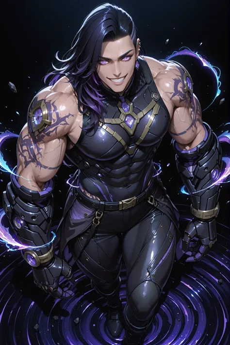 Full body shot from above, showing a tall, mature, and extremely muscular man with fair skin and a fierce, confident grin. His long messy tied side cut long tied black hair with dark violet streaks flows freely around his shoulders, caught in unseen gravit...