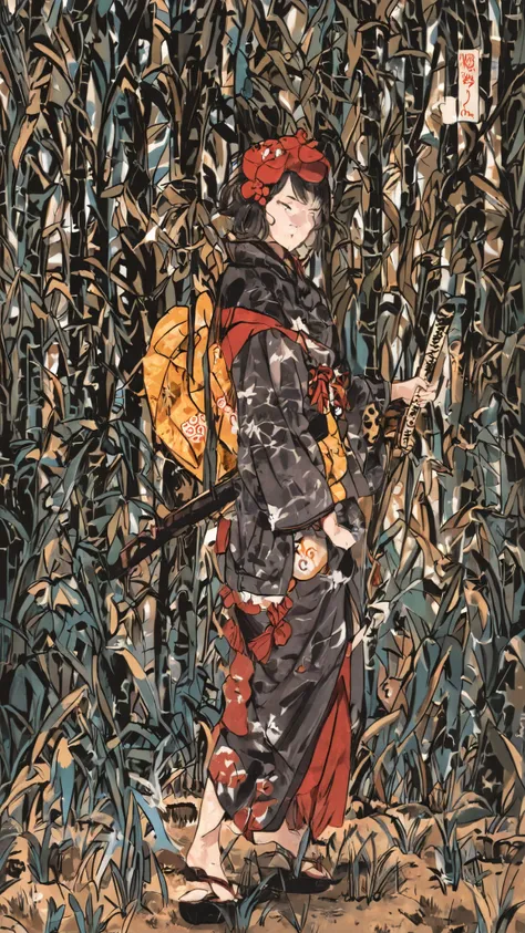 (masterpiece:1.2), (best quality:1.2), 8K, ultra-detailed, high detail, sharp focus,
(style of Katsushika Hokusai:1.2), (Ukiyo-e:1.2), (Japanese woodblock print:1.1), 
(flat color planes:1.1), (bold outlines:1.1), (2D illustration:1.2),
(1 female, lone swo...