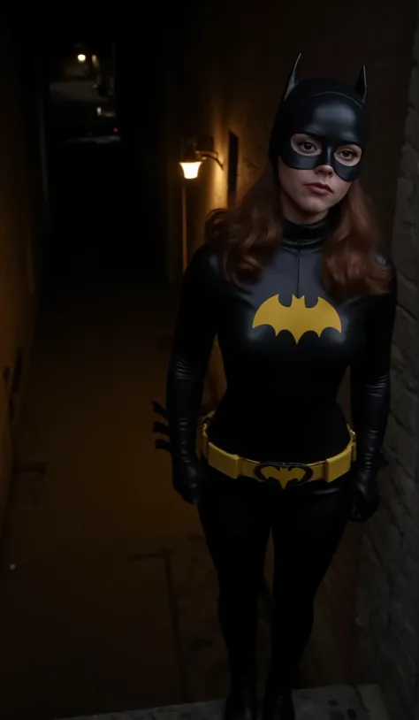 Nighttime. dark , full body shot of Christina Ricci with dark red hair viewed from directly above, dressed as batgirl wearing a full length black rubber bodysuit with a yellow batgirl symbol on the chest, she stands several stories up, on a metal fire esc...