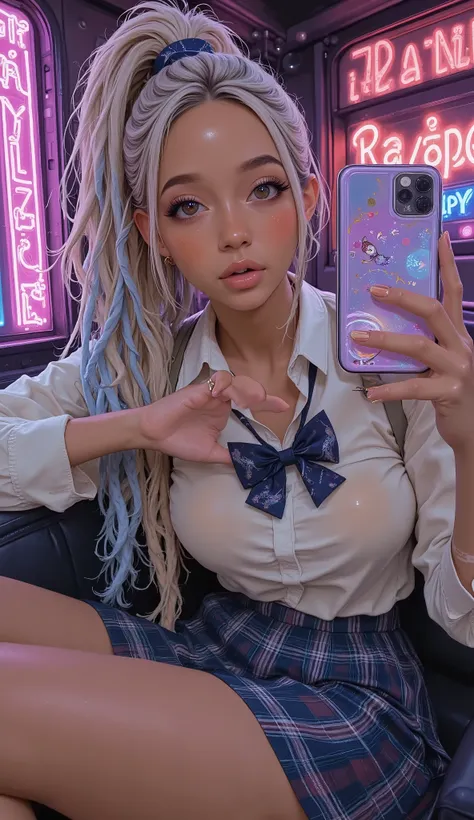 女性が dreadロックの髪を持ち、holding a cell phone, dread, 長い dreadロック, アクアのラプンツェルの dreadロック, Selfies of Young Women , taken in the early 2020s, 頭にたくさんの dreadロックがある, Long Disheveled Curly Hair, Box Blade, The, very aesthetic, With index finger