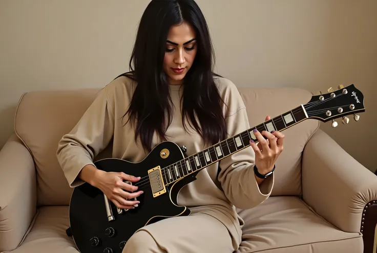 This picture features a woman with long, dark hair sitting on a **light beige or tan couch**, playing a **dark electric guitar**.