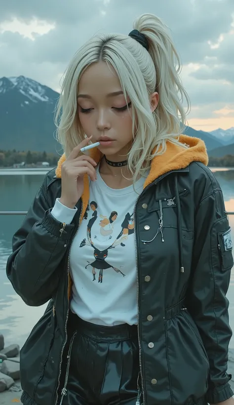 long, platinum blonde hair stands beside a calm body of water, , which draws attention with its texture. An individual is wearing a dark jacket adorned with a furry hood, brightly colored hair fading into a quiet background of mountains and sky. A black ch...